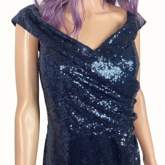 Vintage Marina Navy Blue Sequined Gown Size 12 Off The Shoulder Formal - Picture 7 of 14